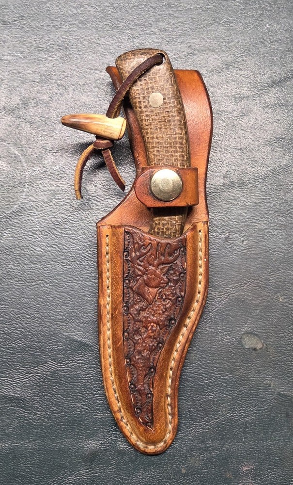 Sharp Finger Brown Leather Sheath Burlap Micarta  Handle