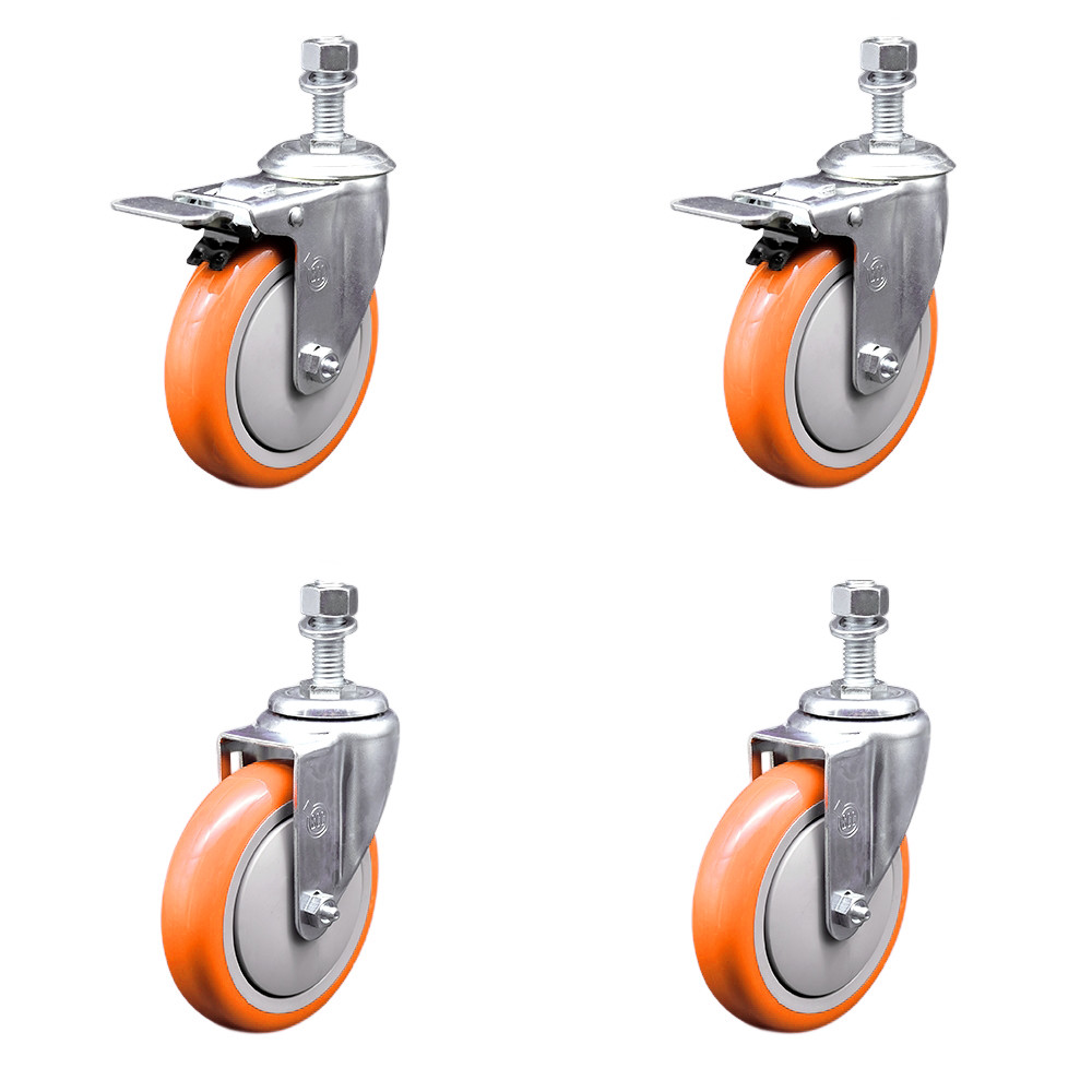 5 Inch SS Orange Polyurethane ½ Inch Threaded Stem Caster Set 2 Total Lock Brake