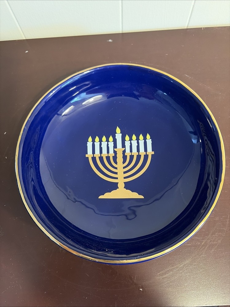 Blue Ceramic Menorah Serving Bowl Made By Palm Tree Co.