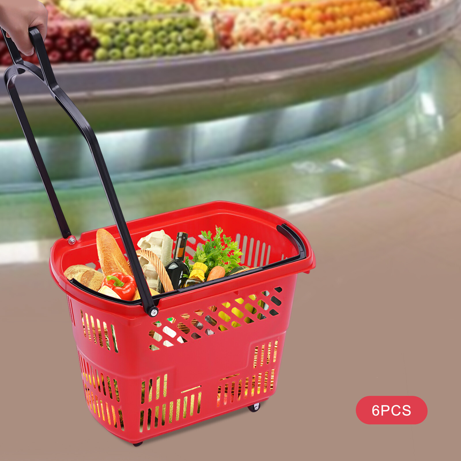 6Pcs Red Rolling Shopping Basket Plastic Rolling Shopping Carts with Handle 35L