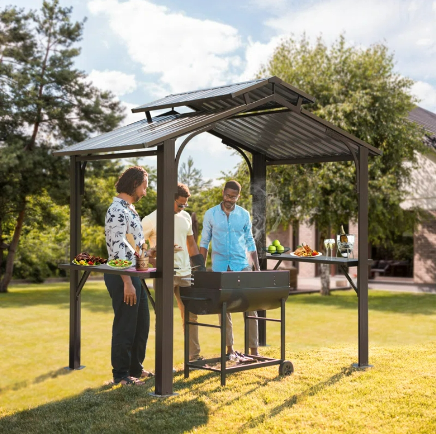 Domi Hardtop Double Roof Grill Gazebo 8x5FT w/Galvanized Steel,Side Shelves