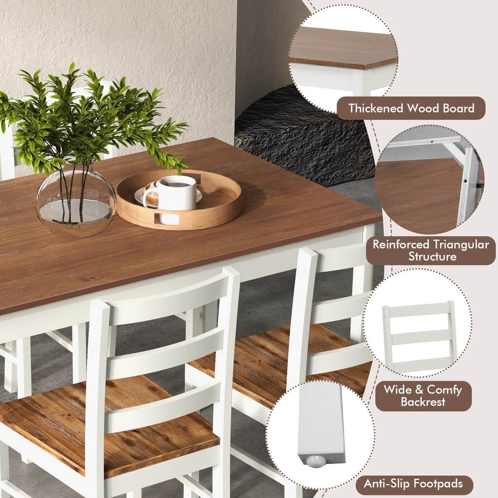 5-Piece Dining Set Solid Wood Kitchen Furniture w/ Rectangular Table & 4 Chairs