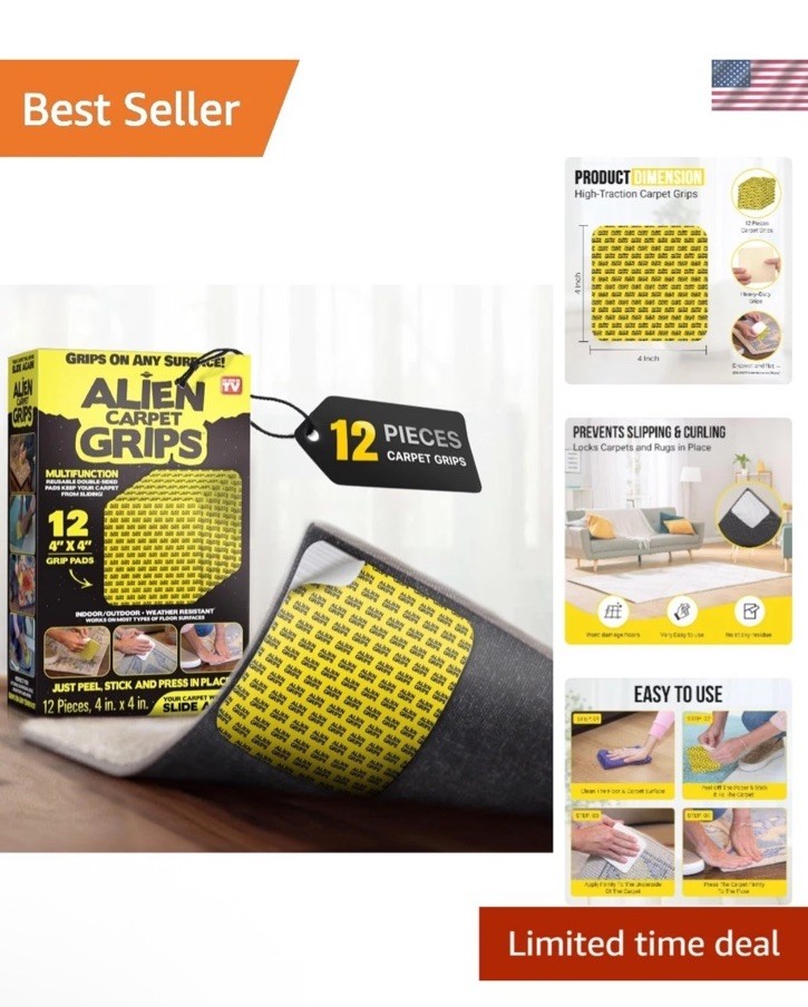 Alien Grip Rug Gripper Carpet Tape 12 Pieces, 4x4 inches New