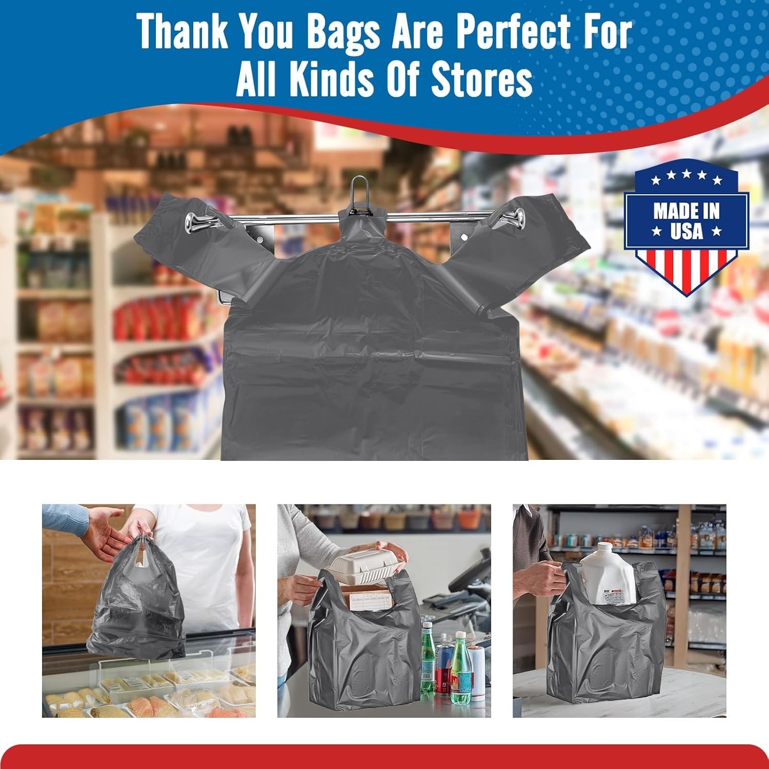 1000 Gray T-Shirt Bags 1/6 12" x 6.5" x 21", Plastic Grocery Shopping Bags