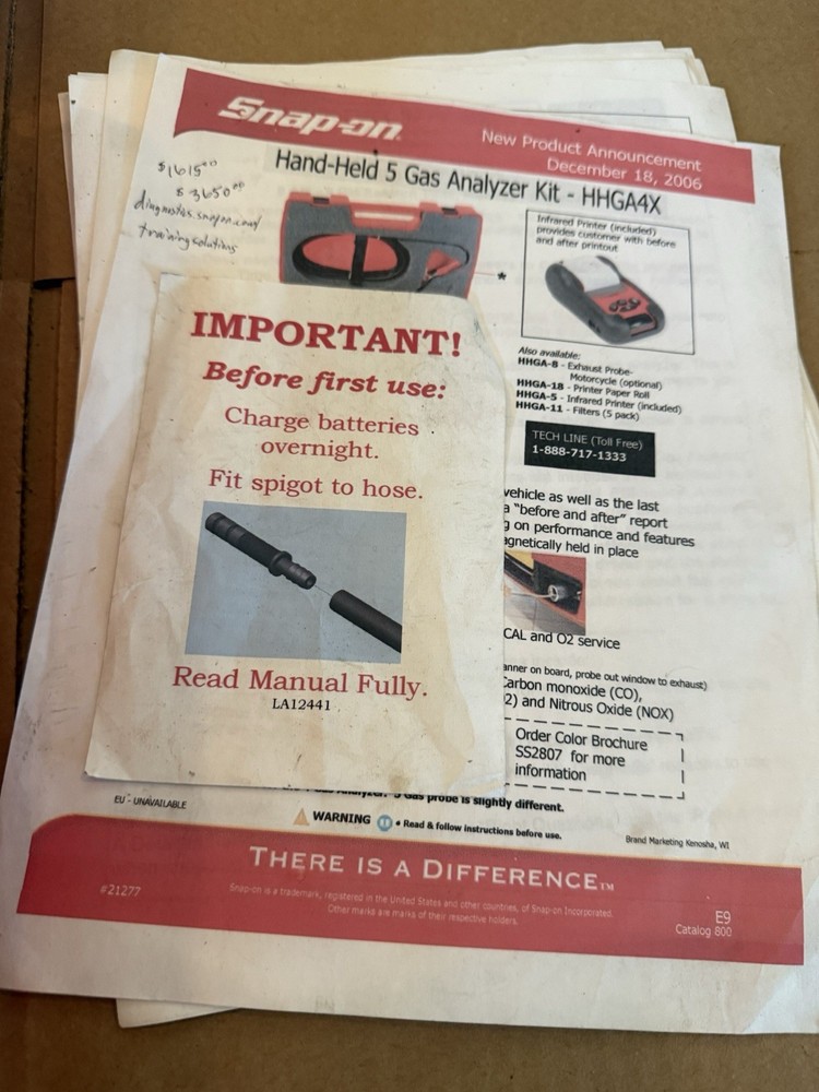 Snap-On Hand Held 5 Gas Analyzer HHGA4X with Printer