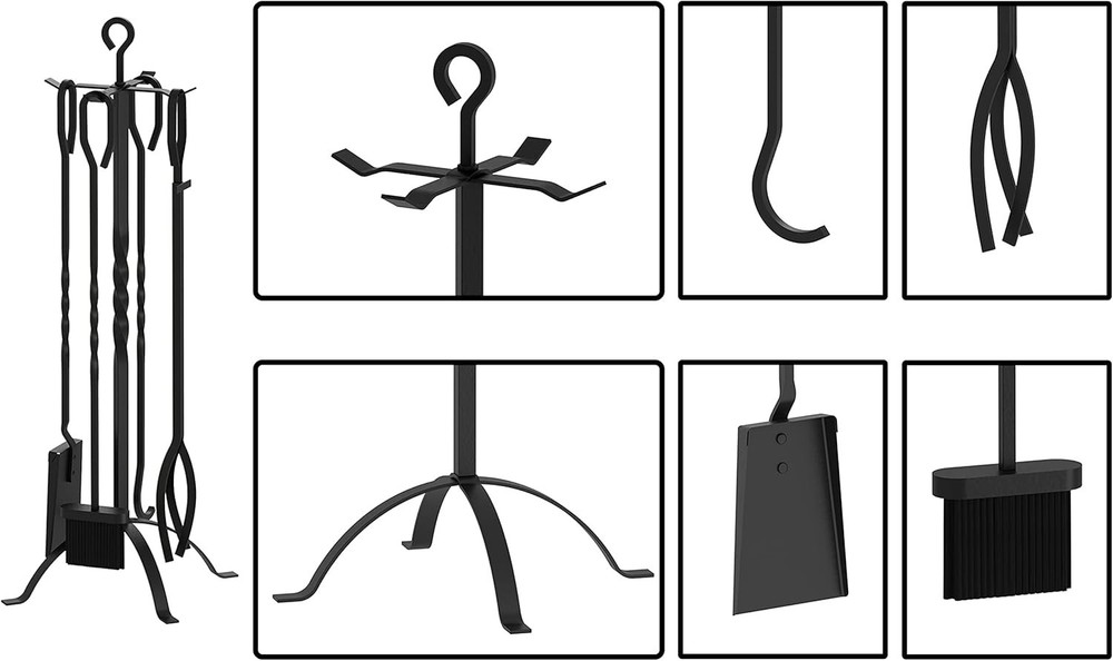 Heavy Duty Cast Iron Fireplace Tools Set 5pc Black Wrought Iron Holder