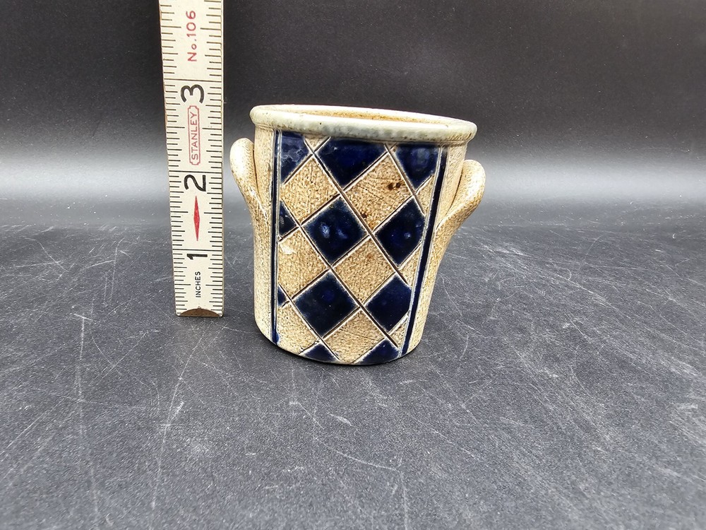 Mini Salt Glaze Crock Toothpick Holder 2 3/4” Tall Diamond Pattern