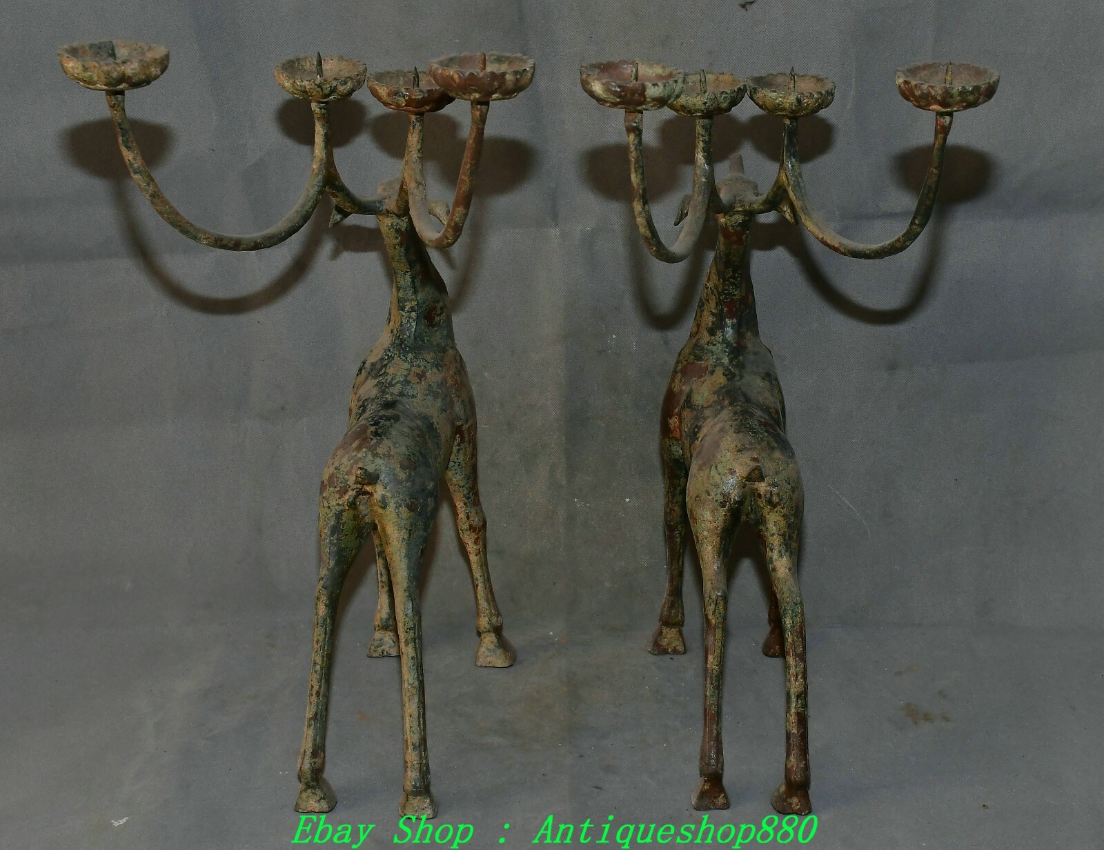 20.8'' Old China Dynasty Bronze Ware Deer Candle Holder Candlestick Statue Pair