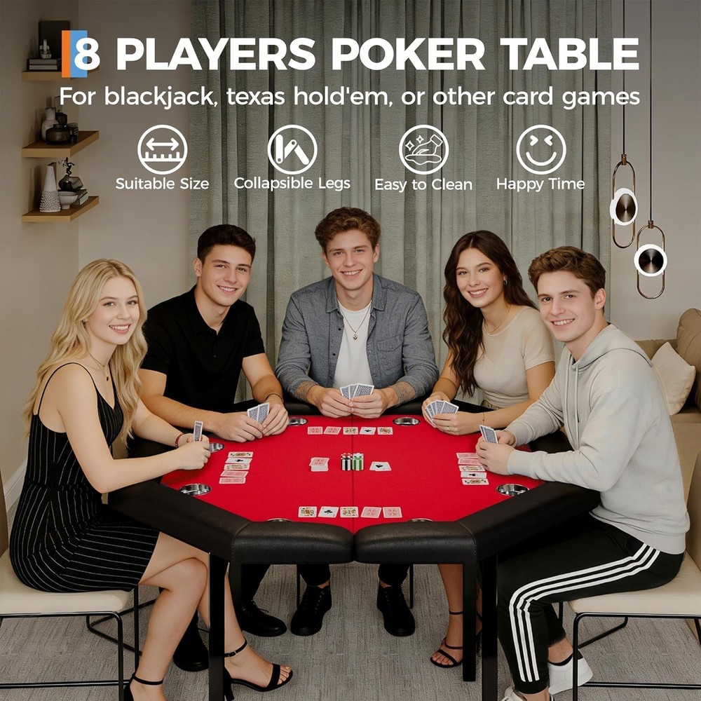 Complete 8-Player Poker Set: Foldable Octagon Table W/ Padded Rail & Cup Holder