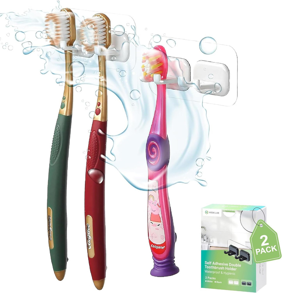 Hook LAB Self-Adhesive Double Toothbrush Holder, 2-Pack, Removable & Reusa