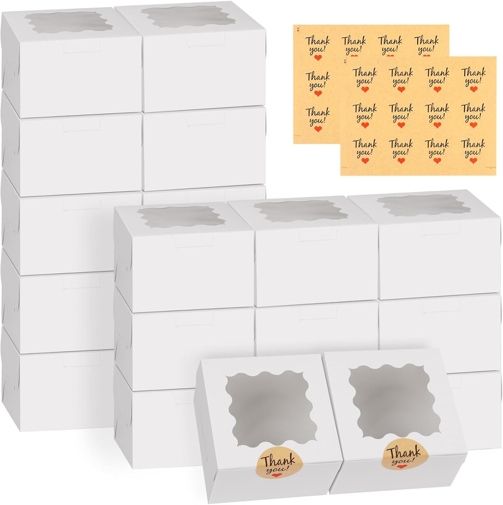 24Pcs White Cookie Boxes, 4X4X2.5 Inches Bakery Boxes with Window, for Mini C...