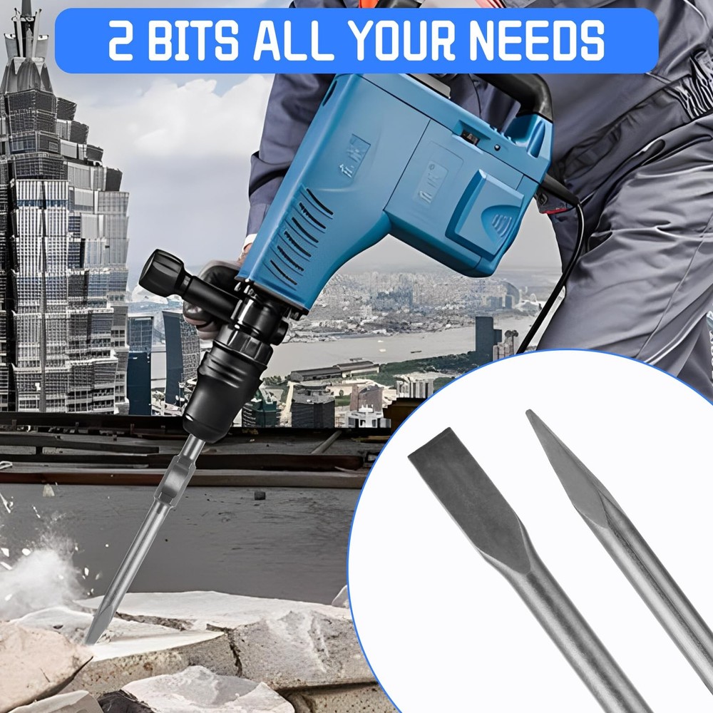 2 PCS Jack Hammer Chisel 1-1/8” Hex Jack Hammer Bits Point and Flat Concrete ...