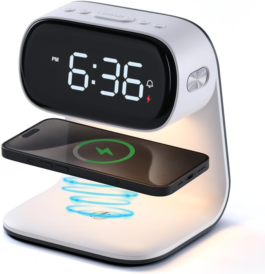 Alarm Clock with Wireless Charging,Dimmable Night Light,Snooze Function,10W Fast