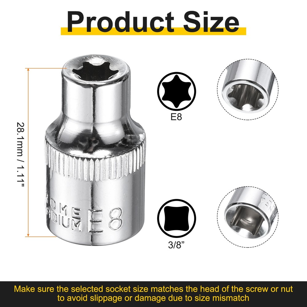 E-Torx Socket 3/8" Drive E8 Star Socket 1.1" Length 6 Point Spline Sleeve