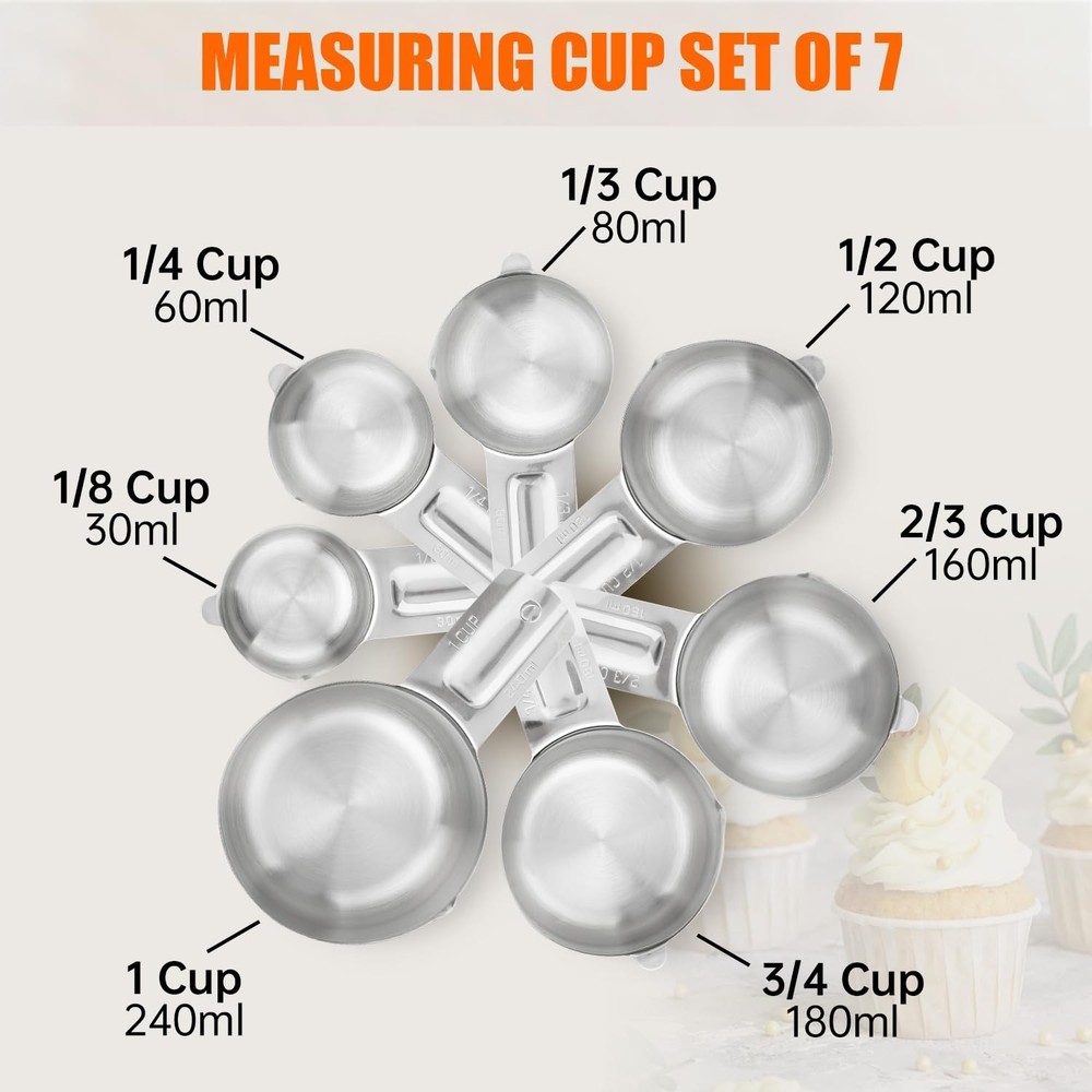AGIgear Measuring Cups Set,7 Pieces Stainless Steel Stackable small, Silver