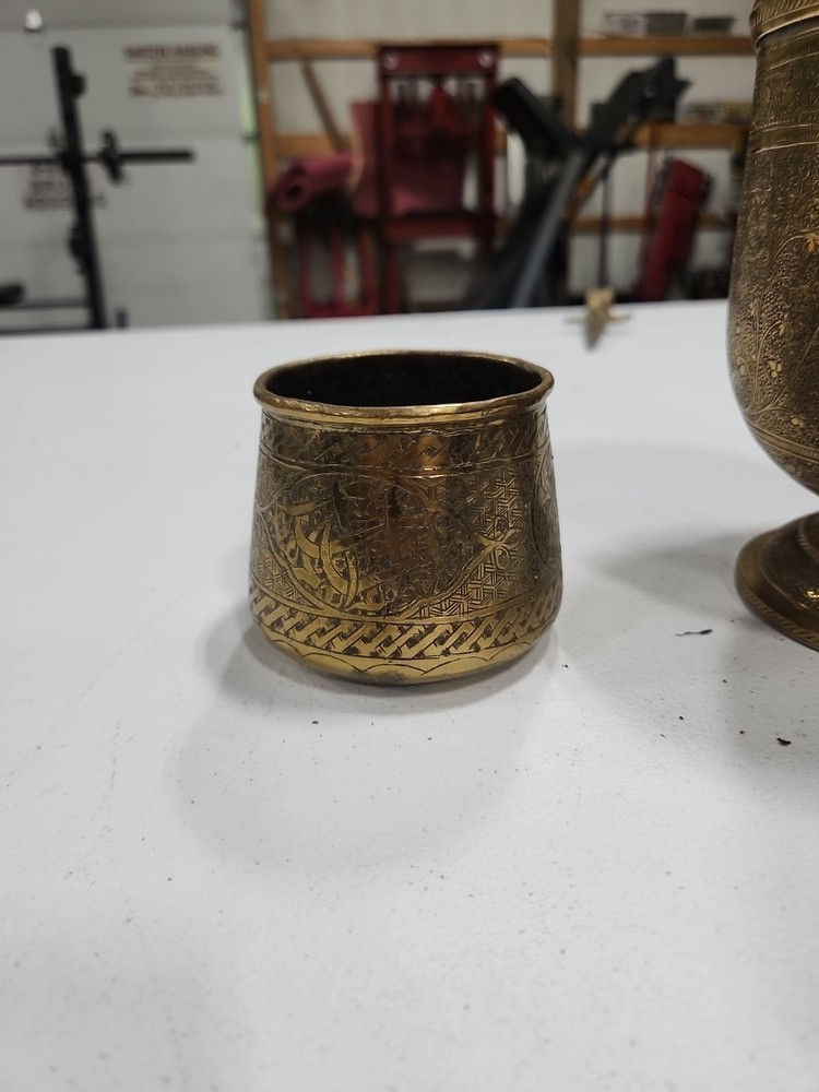 Antique Islamic Brass Basin Bowl engraved & Pierced Calligraphy Script c19th