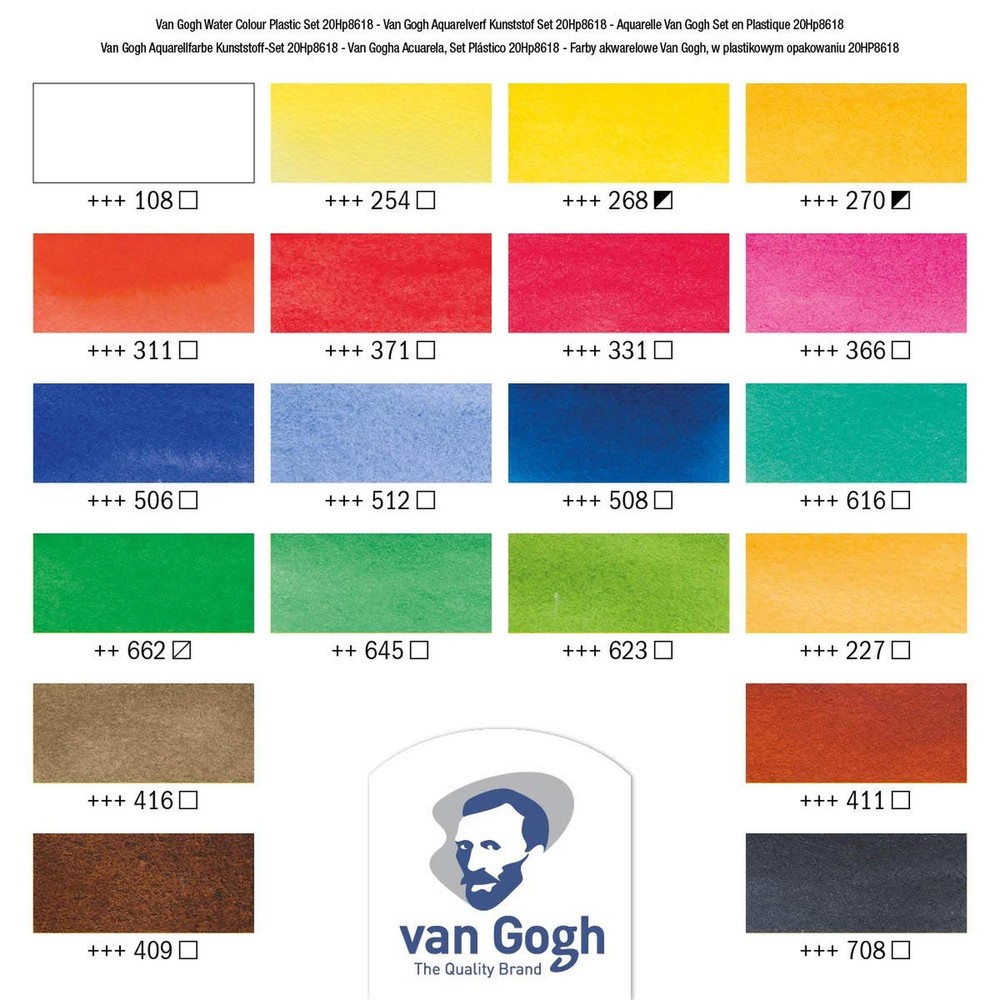 Van Gogh Watercolor Paint Set, Plastic Pocketbox, 18-Half Pan + 2x10ml