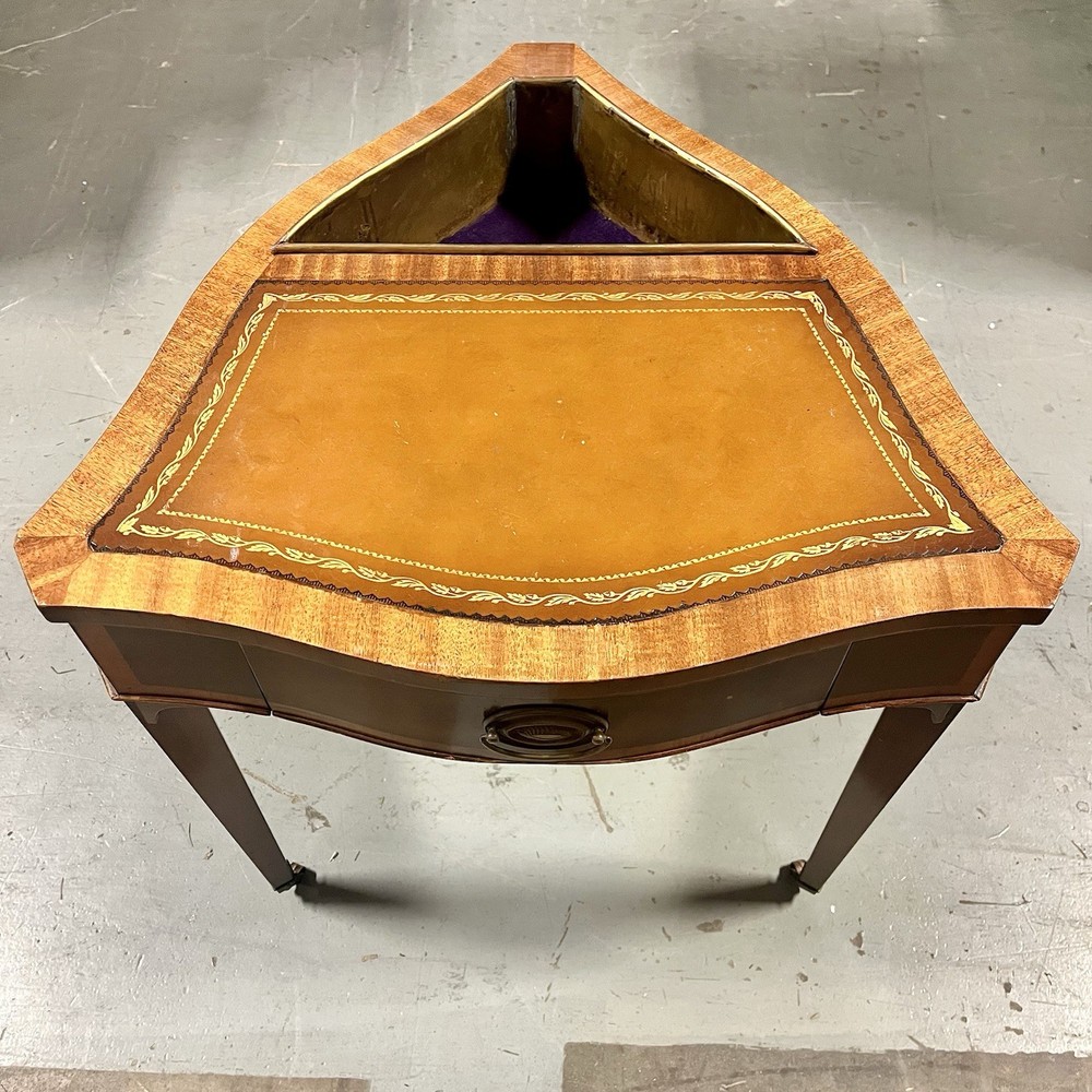 Rare ATQ Regency Style Leather Top Triangular Side Table W/Drawer Brass Pocket