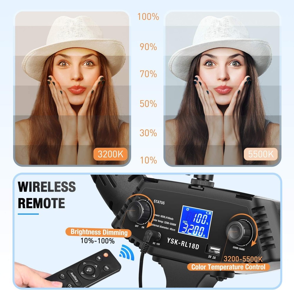 Yesker Ring Light 18 Inch Wireless Remote with Tripod