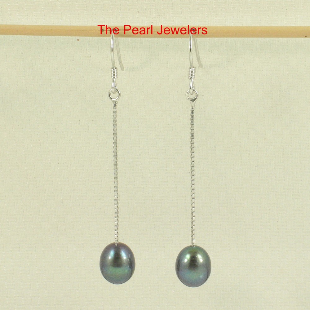 Solid Silver 925 Box Chain Hook Black Cultured Pearl Dangle Earrings-TPJ