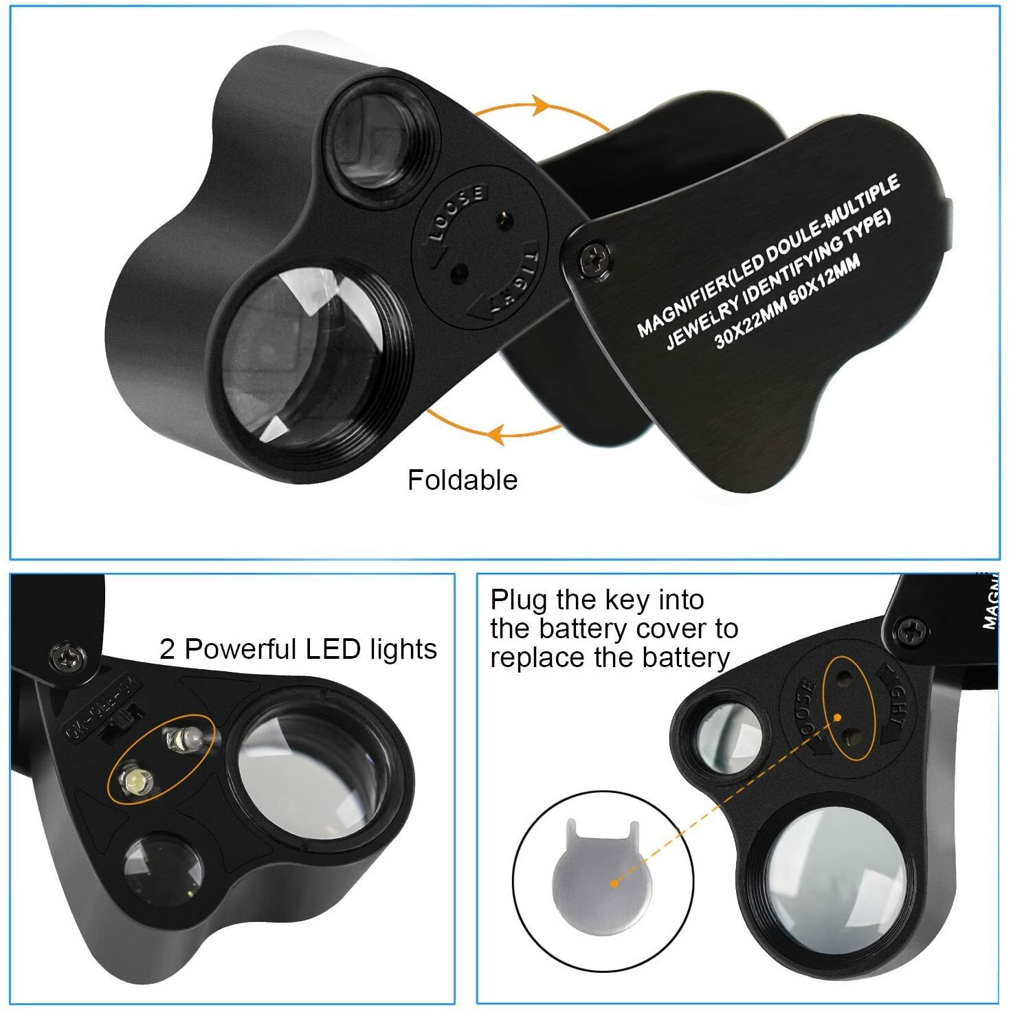 30X 60X Illuminated Jewelers Eye Loupe Foldable Magnifier Bright LED Light Gold