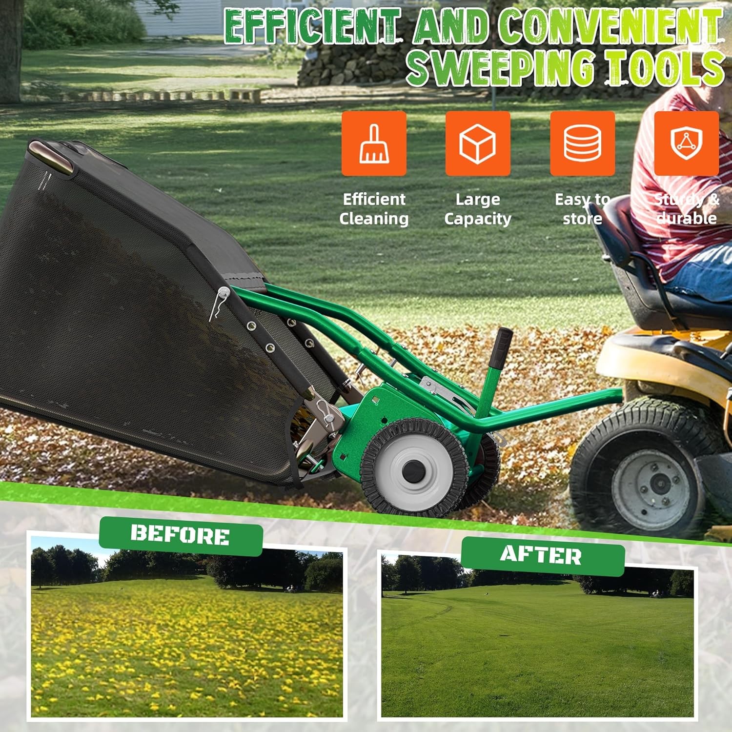 42/48 " Tow-Behind Lawn Sweeper Leaf Yard Collector Adjustable Sweeping Height