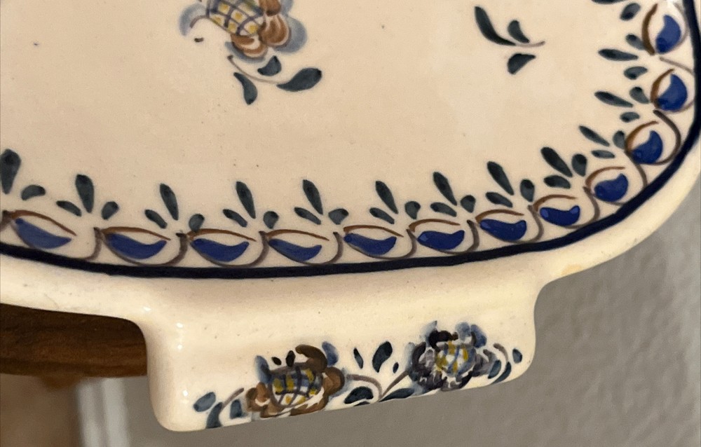 Portuguese Ceramic Rectangle Serving Dish Handmade Blue Brown Green Small Chips