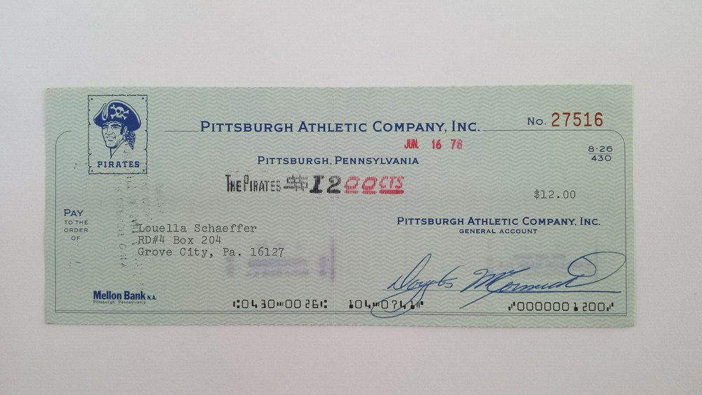 Louella Schaeffer: 1978 Pittsburgh Pirates Expense Check