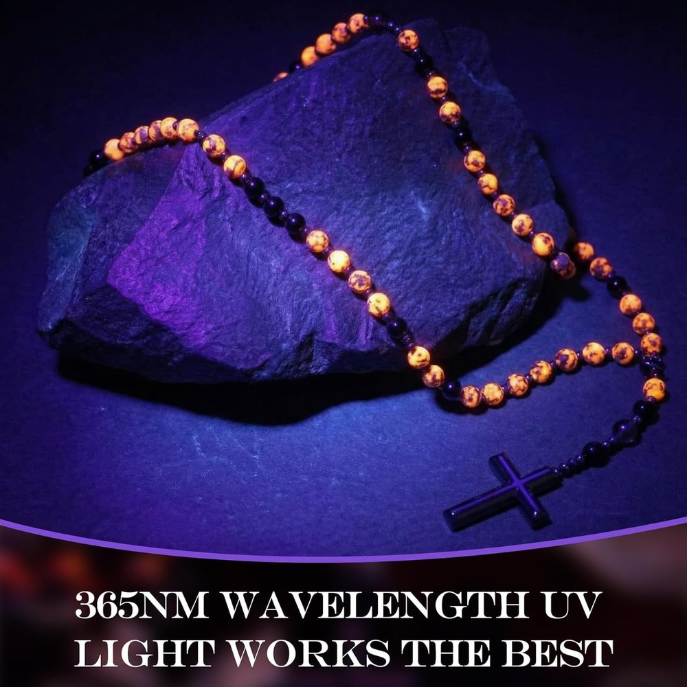 Yooperlite Stone Rosary Necklace UV Glow Hematite Beads Obsidian Cross Gift