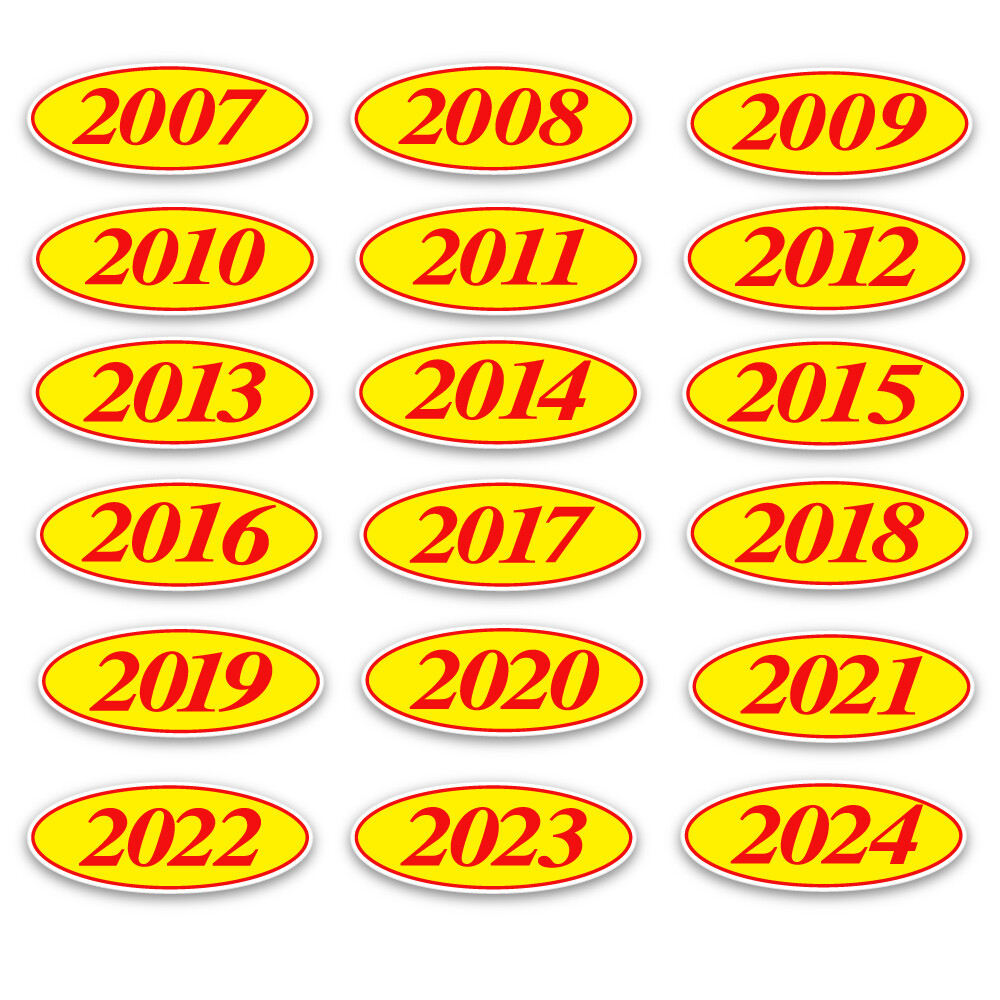 Car Dealer Windshield Oval Model Year Stickers, 4 Digit Red/Yellow
