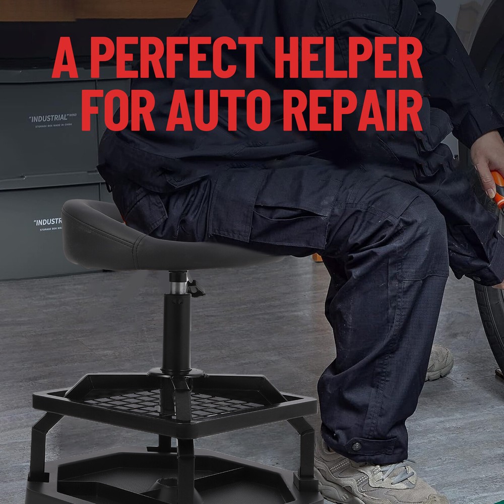 Rolling Garage Stool 300LBS Capacity Ample Tool Tray Storage Adjustable Height