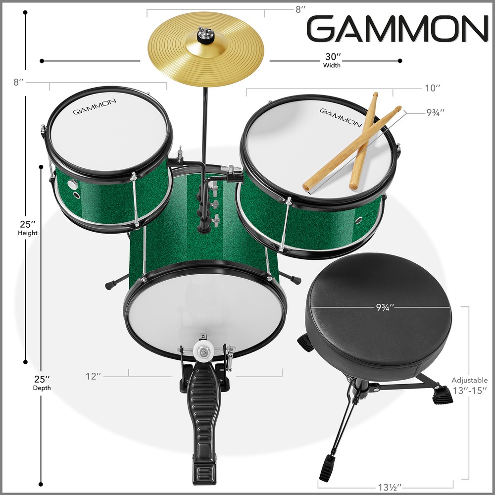3-Piece Junior Drum Set, Beginner Drum Kit with Throne, Cymbal, Drumsticks