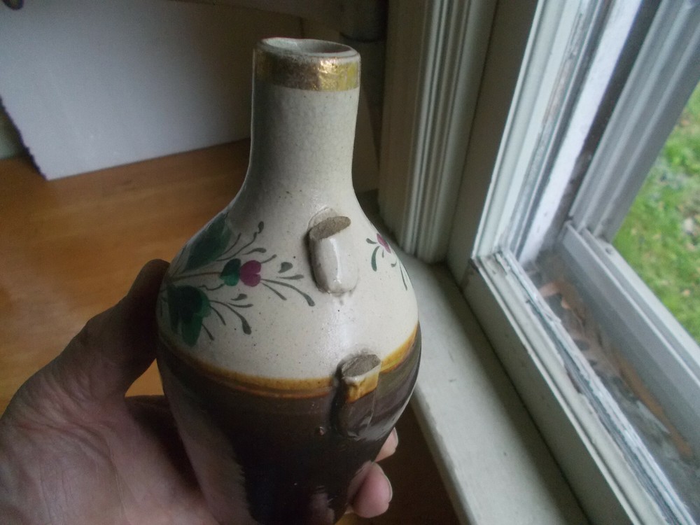 1888 DATED OHIO CENTENNIAL STONEWARE BOTTLE HAND PAINTED FLOWERS HANDLE BROKEN