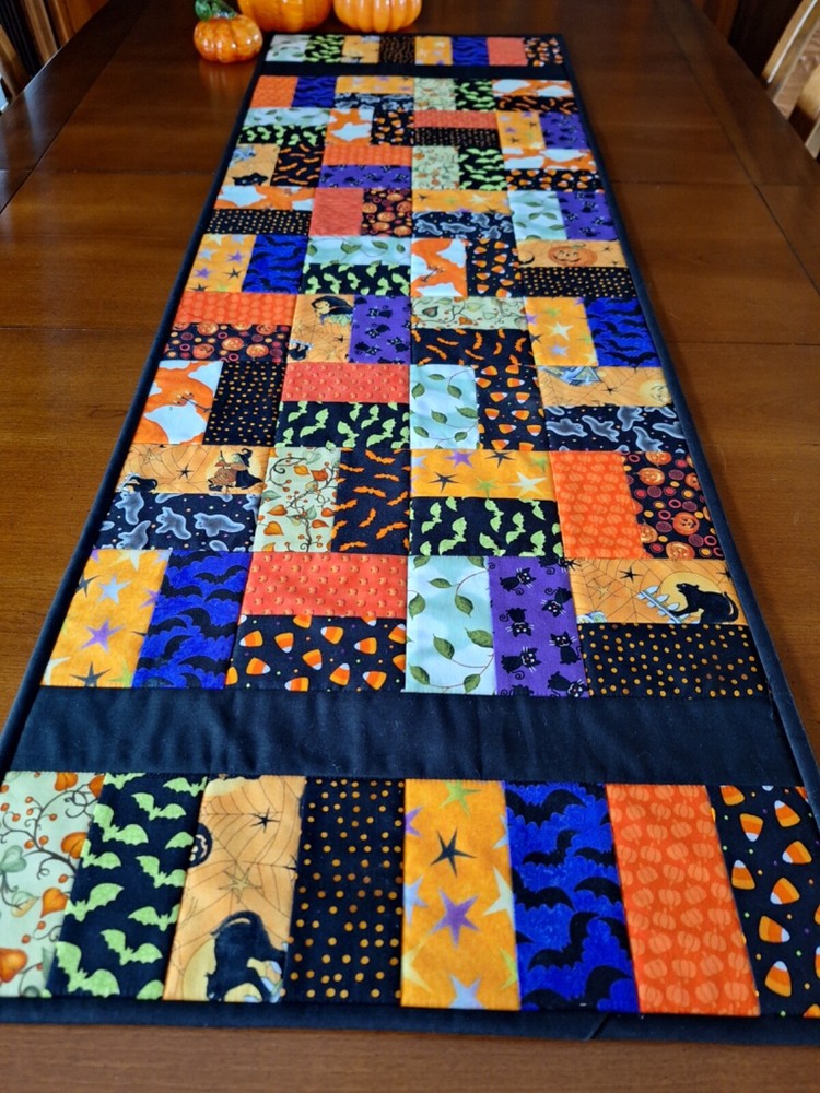 Handmade Reversible Patchwork Halloween Table Runner with Vibrant Colors