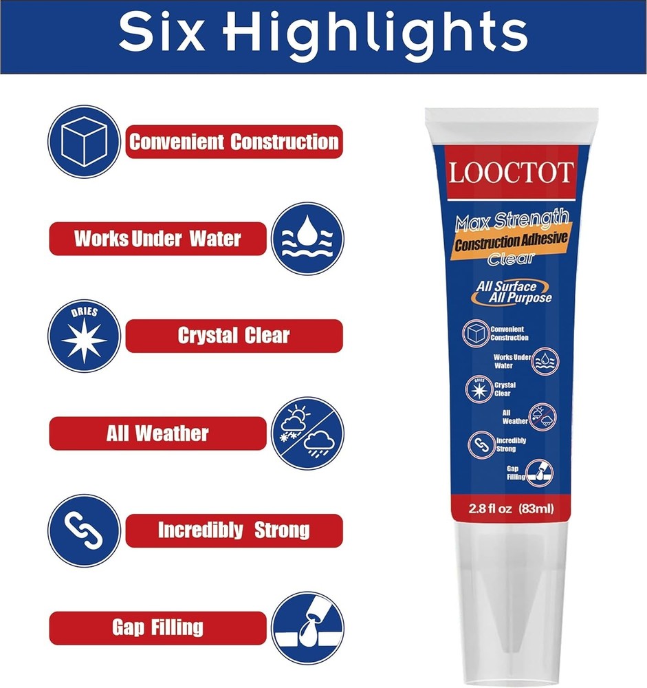Crystal Clear 2.8 oz Construction Adhesive – Strong, Waterproof & Multi-Surface