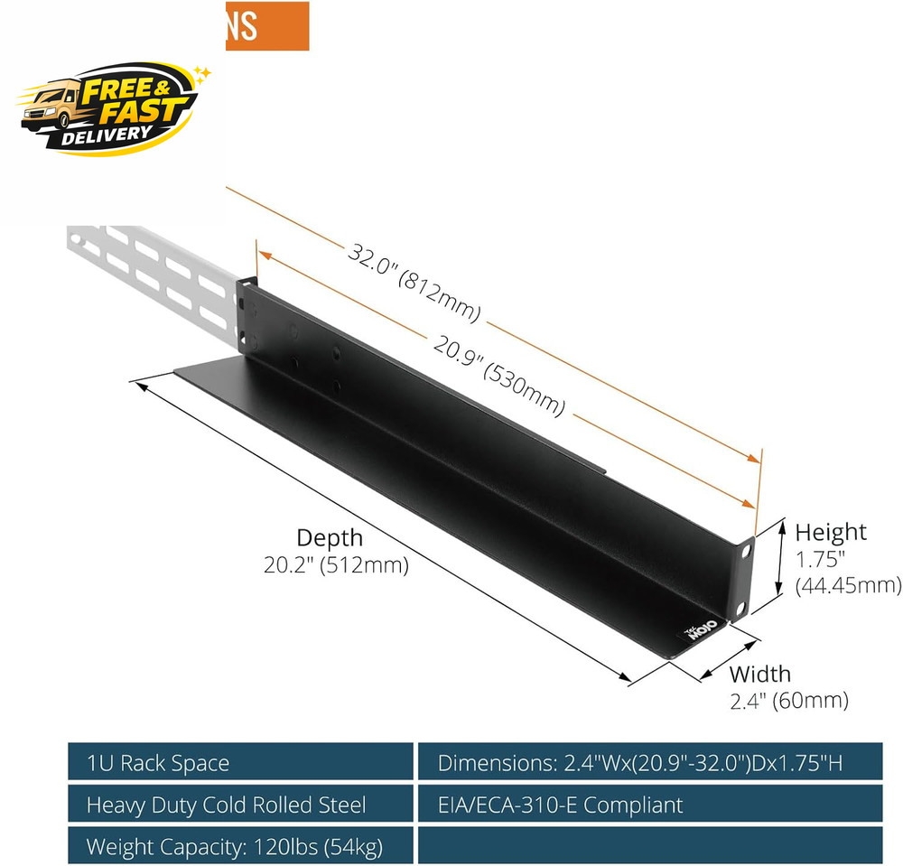 1U Universal Rack Mount Rails,4-Post Server Rack Shelf Rail with 20.9"-32"