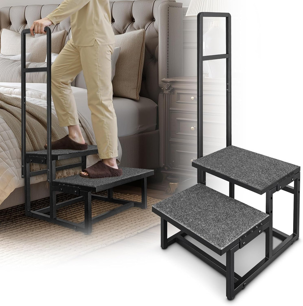 2-Step Stool with Handle for Elderly, Heavy Duty Non-Slip Step Stool for High Be