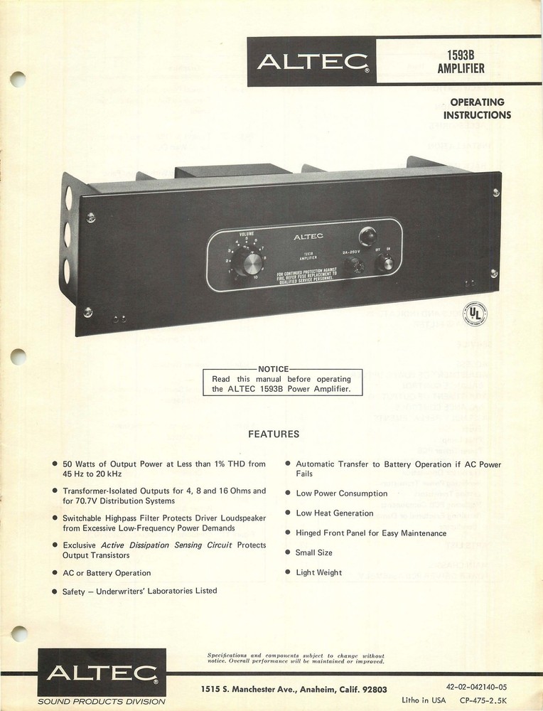 Vintage Altec Lansing 1593B Solid State Mono Power Amplifier #1