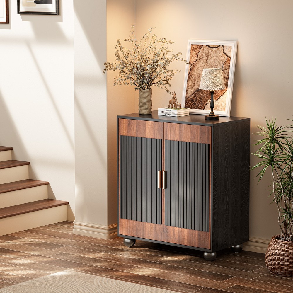 Fluted Sideboard Cabinet with Storage Solid Wood Buffet Corner Cabinet Walnut