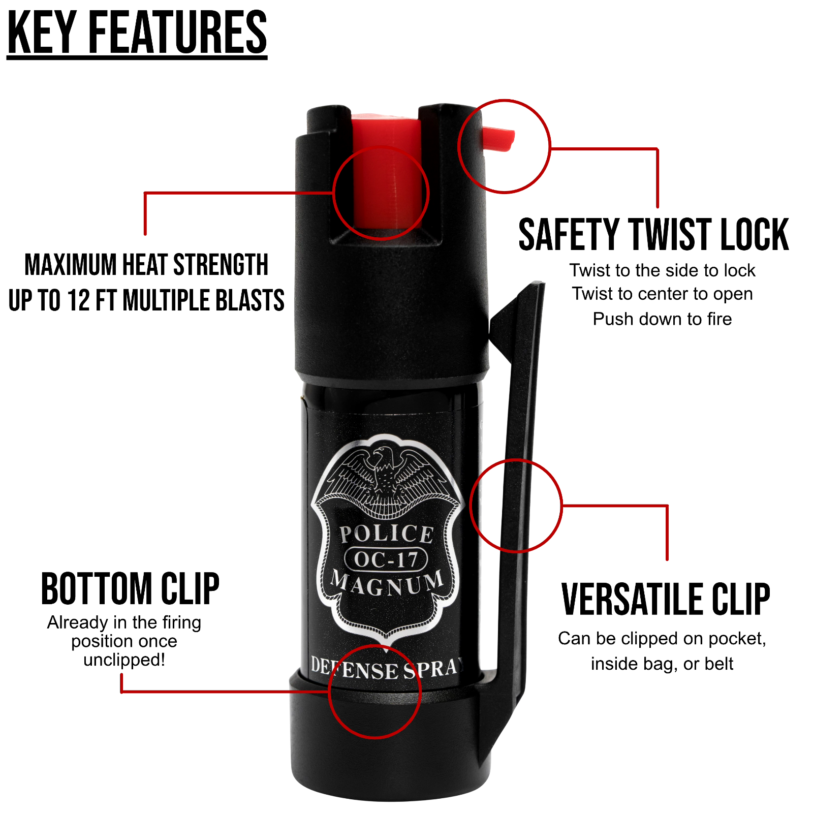 POLICE MAGNUM Pepper Spray 4 oz Ounce Safety Flip Top Belt Clip FREE 1/2oz Spray