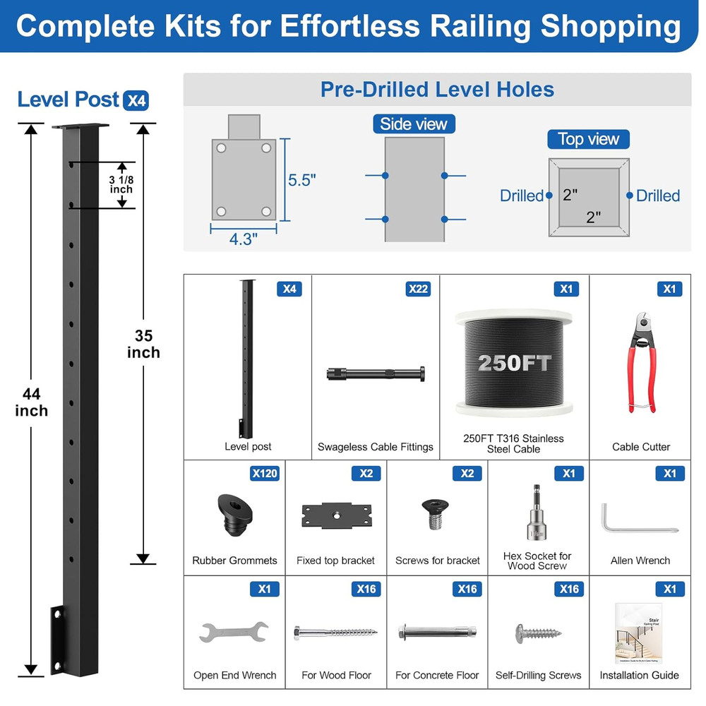 36" Side Mount Railing Post Kit with Stainless Steel Cable - 12-20Ft, 4 Pack
