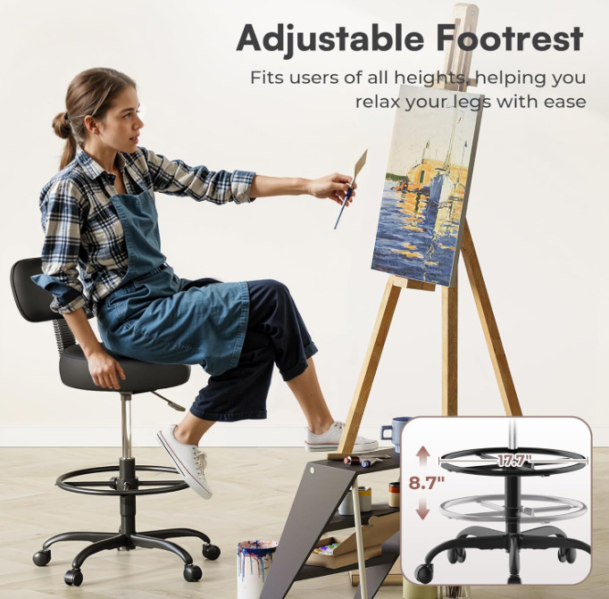 SUPERJARE Drafting Chair Adjustable Footrest Rolling Stool