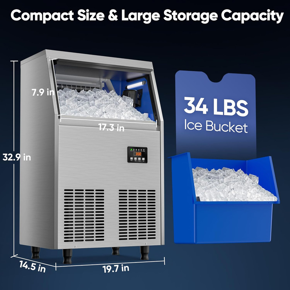 Commercial Ice Maker Machine 100LBS/24H, under Counter Ice Maker with 34LBS Stor