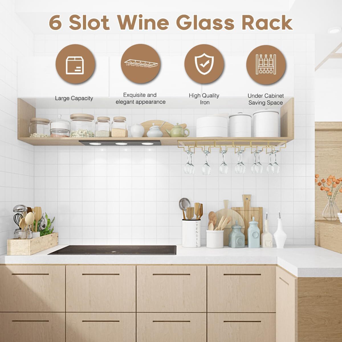 Wine Glass Rack Under Cabinet, 6 Row Extreme Large Stemware Hanger