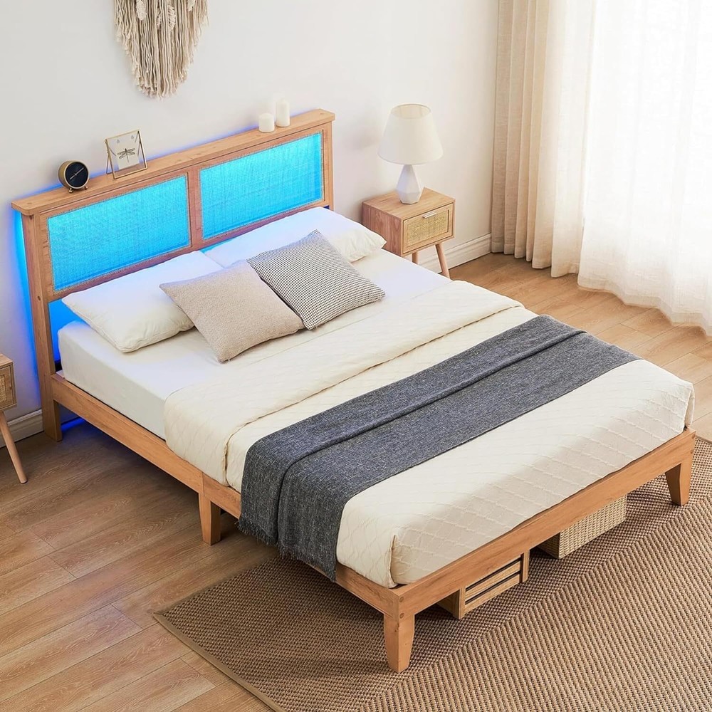 ✅Full Bed Frame W/Rattan Headboard Platform Bed Frame LED Lights Wood Headboard