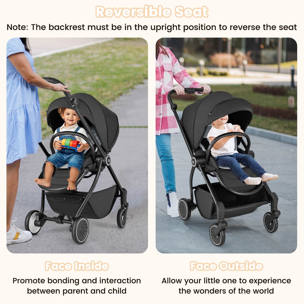 Baby Stroller Foldable Infant Pram Stroller w/ Reclining Backrest Handle