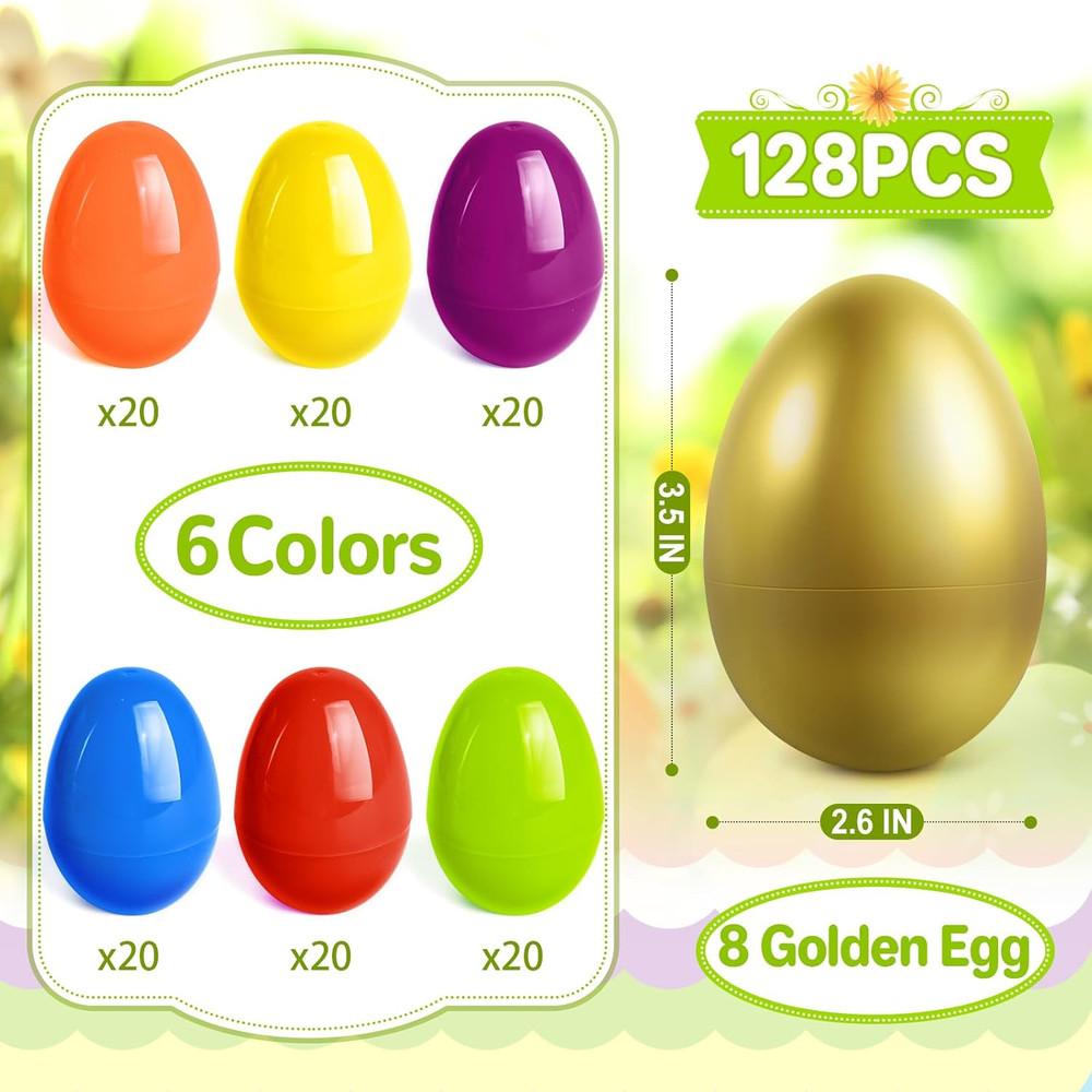 120PCS 3.5 inch Plastic Easter Eggs Plus 8 Golden Easter Eggs, Empty Easter Eggs
