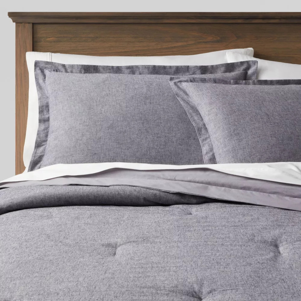 Full/Queen Cotton Linen Chambray Comforter & Sham Set Navy - Threshold
