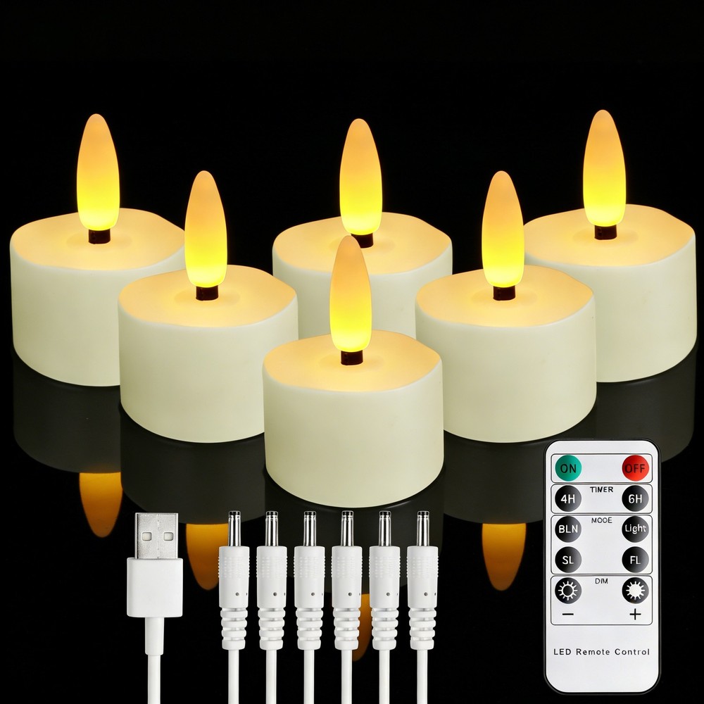 6pcs Flameless Rechargeable LED Tea Lights Flickering Candles with Timer Remote