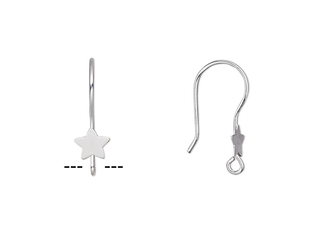 Ear Wire, 10 Silver Plated Stainless Steel 21mm Fishhook with Star & Open Loop
